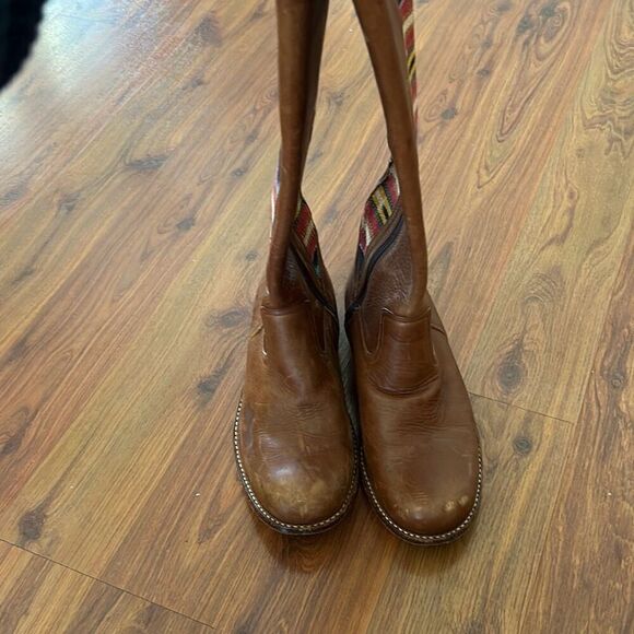 Teysha artisan rugged tan leather boots with embroidered fabric southwestern sty - Picture 3 of 8